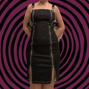 BLACK ZIP UP FRONT BELT CHAIN BONDAGE DRESS